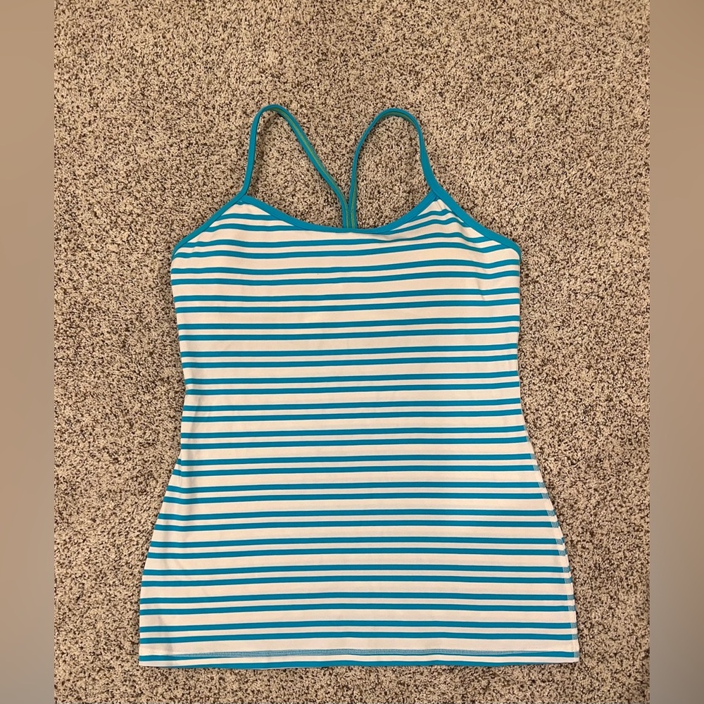 Lululemon Size 8 - Power Y back Striped teal and white Tank